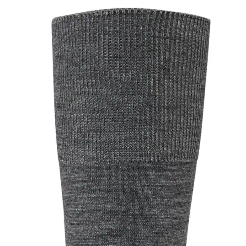 Close-up of dark gray wool dress socks showing ribbed elastic cuff for secure fit.