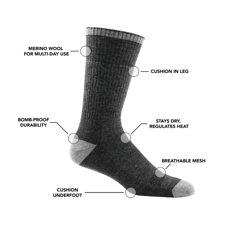 Black work boot socks with labeled features including durability, breathability, and cushioning