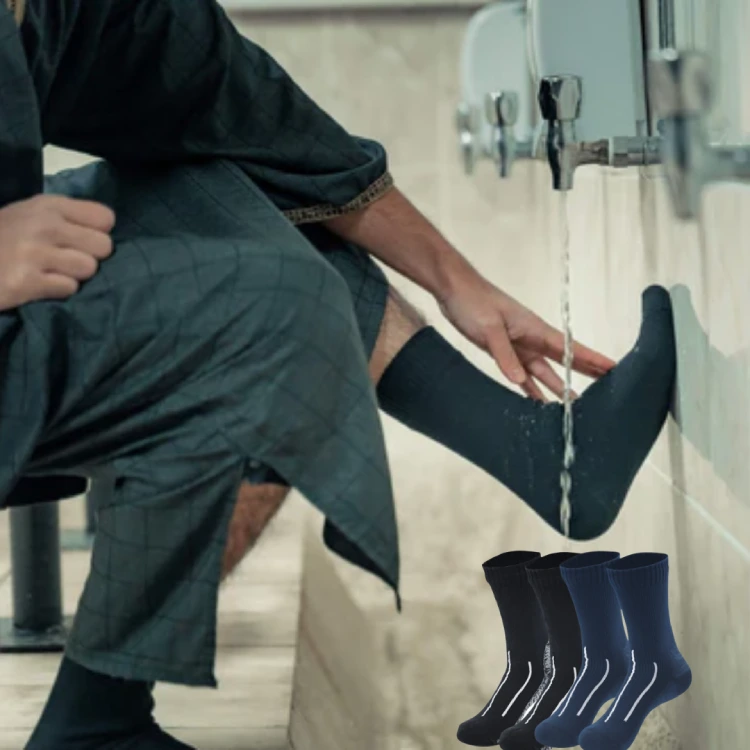 Scenario of wudu socks a person is doing wudu with waterproof socks on feet