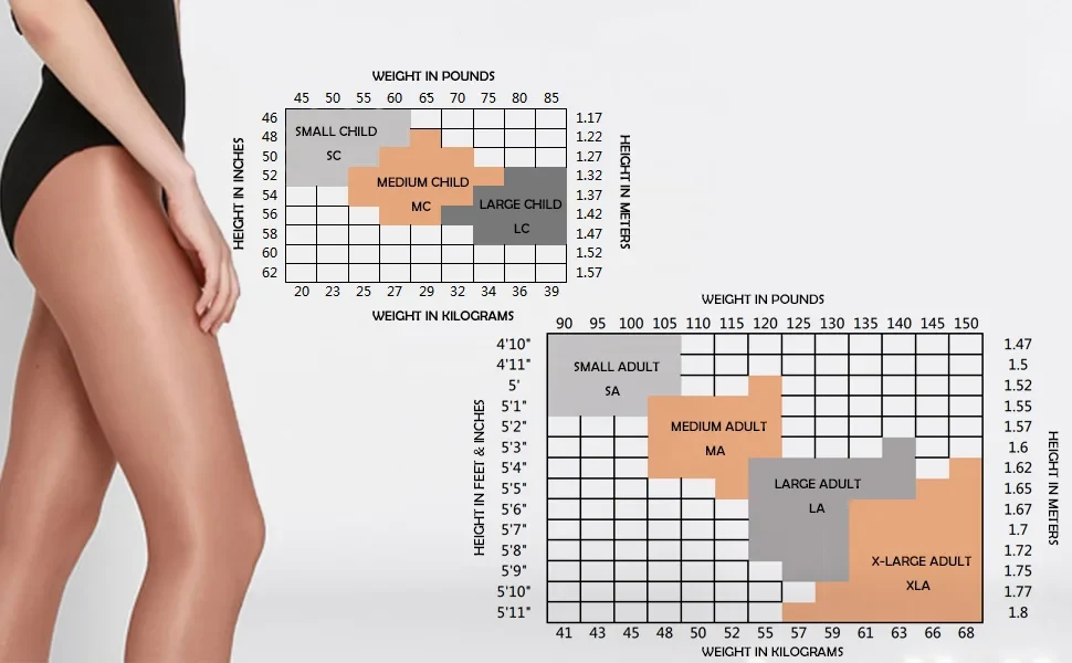 shimmer dance tights size chart showing height and weight guide for children and adults