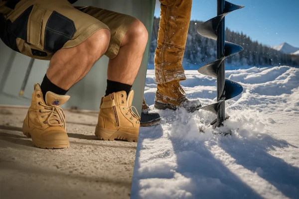 Comparison of summer and winter work boot socks with tan boots in construction and snowy environments
