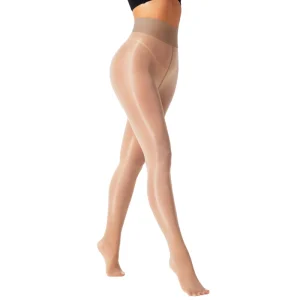 tan shimmer dance tights showing glossy finish and high waist design for dance performance