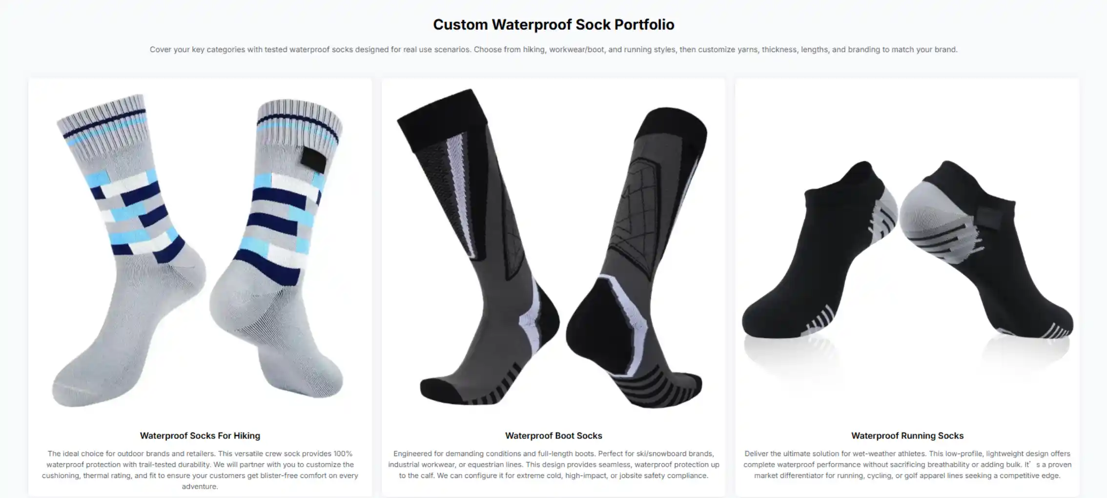 Custom waterproof socks portfolio including hiking, boot, and running styles for OEM and private-label production