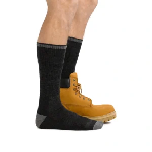 Black work boot socks worn with tan leather boots, showing fit and comfort for heavy-duty use