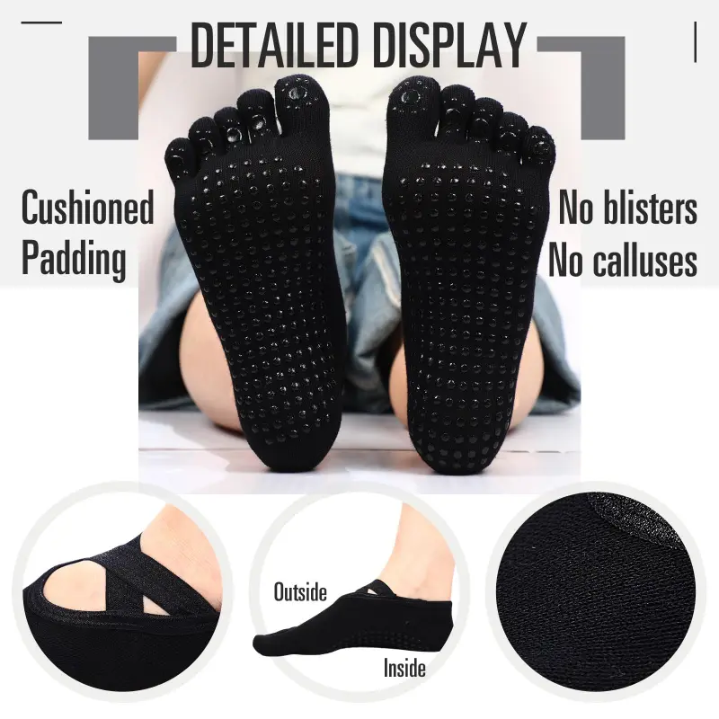 Detailed views of full toe grip socks showcasing dense cut, stretchy comfort, and silicone anti-slip particles