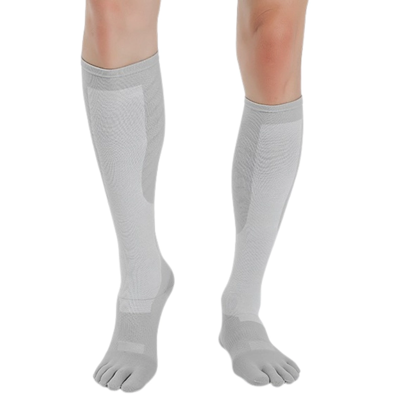 Professional graduated compression toe socks in grey, knee-high performance athletic socks for recovery and arch support