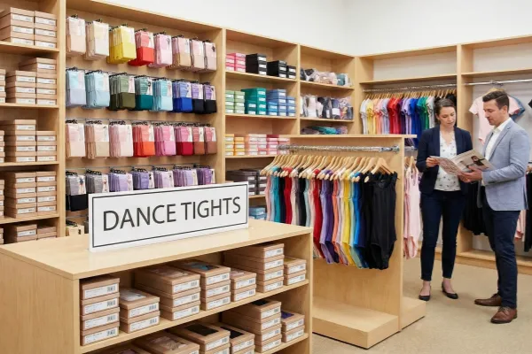 Dancewear retail store displaying multiple styles of dance tights for wholesale buyers