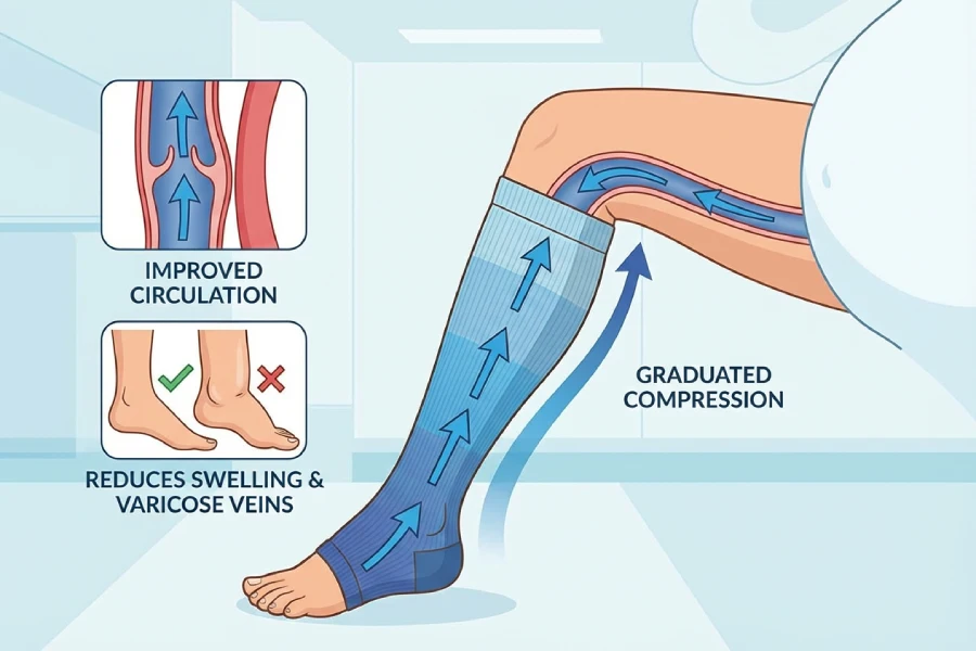 Diagram showing how graduated compression socks improve circulation and reduce swelling in the legs
