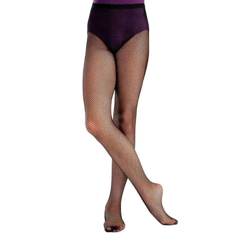 Fishnet dance tights with fine mesh pattern showing breathable fit and leg definition