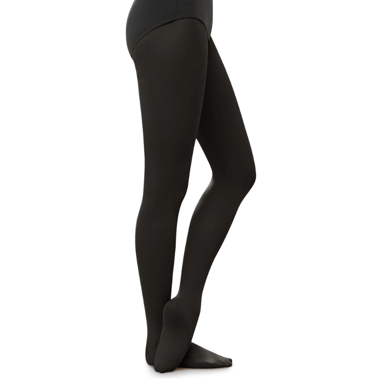 Black footed dance tights showing full coverage fit and smooth leg line for ballet performance