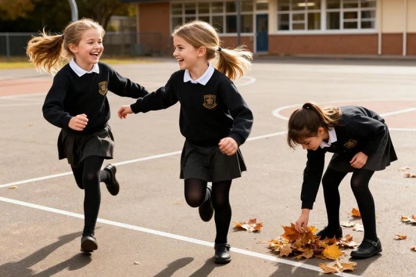 School children in uniform using durable dance tights for everyday school activities