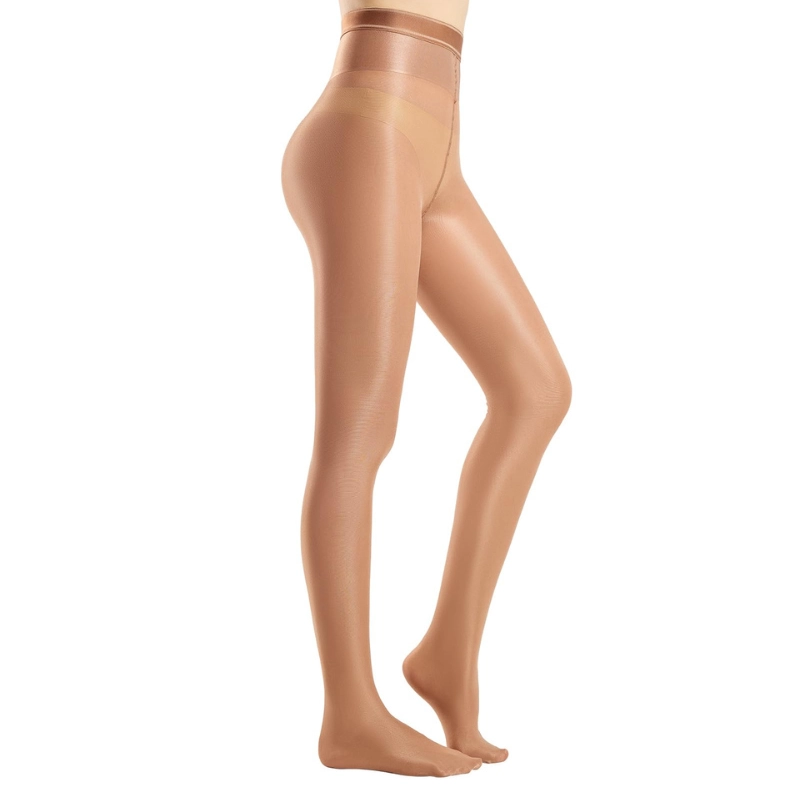 Shimmer dance tights in nude tone highlighting glossy finish and smooth leg shaping