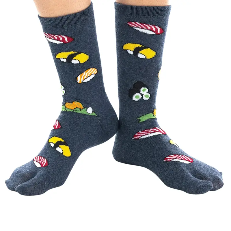 Patterned split toe crew socks featuring custom sushi print, breathable technical construction for fashion and wellness markets