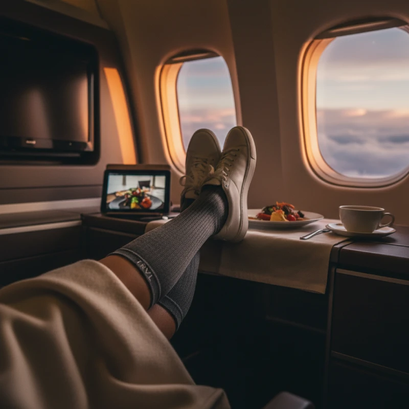 Traveler on an airplane wearing knee-high compression socks during a long-haul flight