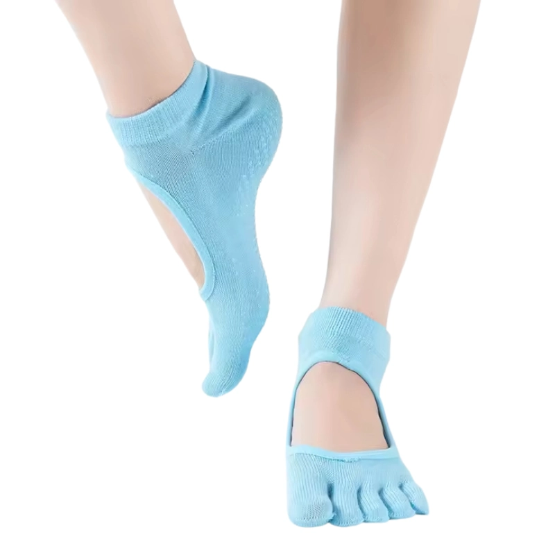 Custom yoga toe socks with non-slip grips and open-top design, light blue moisture-wicking studio socks for traction and balance