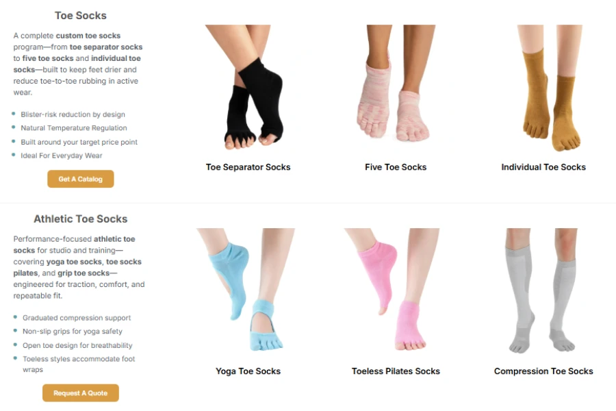 Range of custom toe socks styles including separator, five-toe, yoga and compression