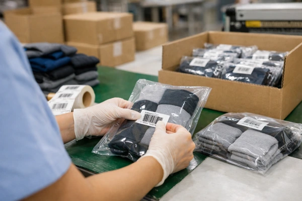 FBA prep at a compression sock factory where workers apply FNSKU barcodes