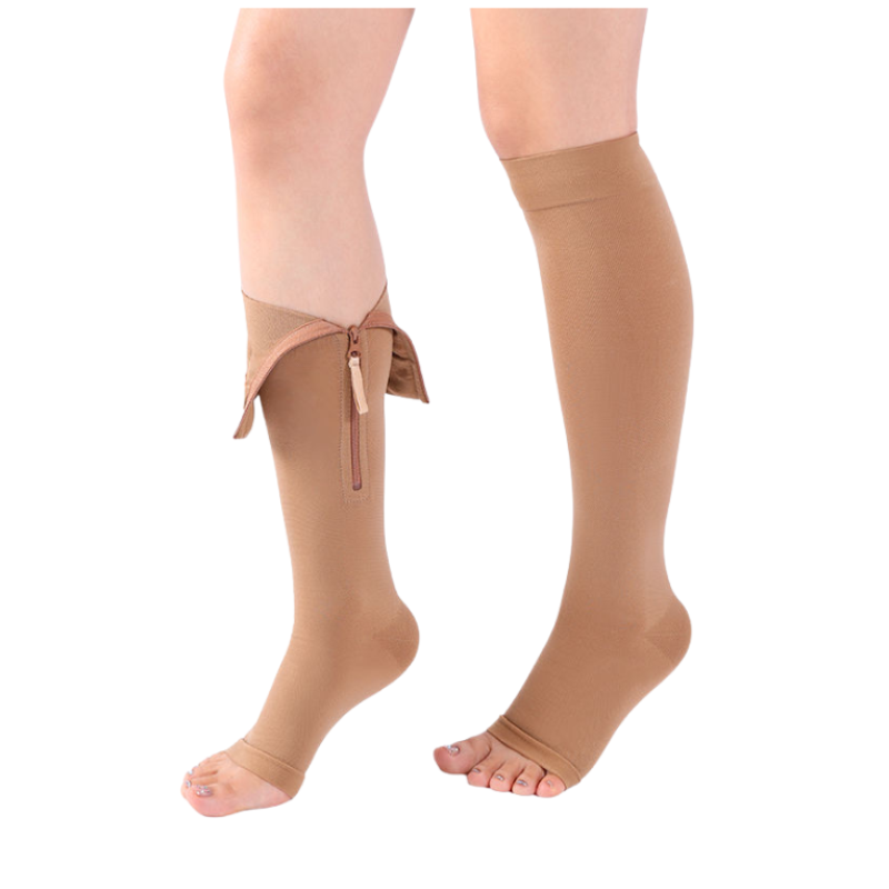 Tan knee high zipper medical compression socks with open toe for easy donning and removal