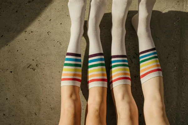 Tube socks in colorful striped group styling for retail, team, and casual collections