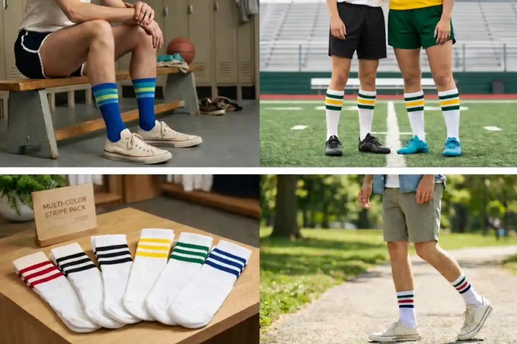 Tube socks in retail scenes including retro style, team sports, casual wear, and display