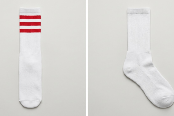 Tube socks structure comparison with shaped heel sock and heel less sock design