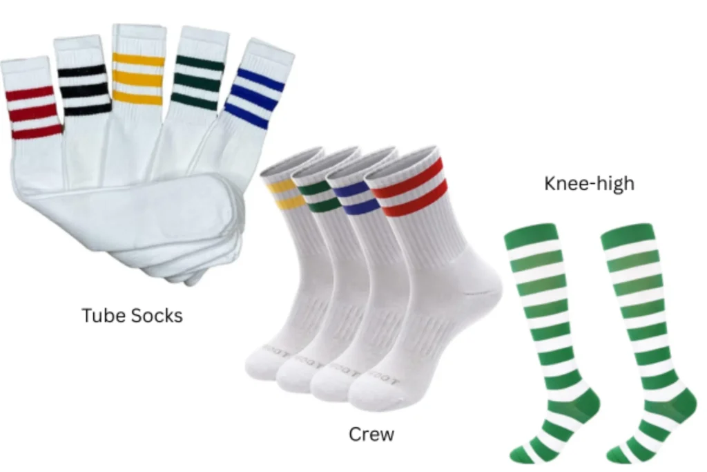 Tube socks vs crew socks vs knee high socks comparison showing construction, fit, and length differences