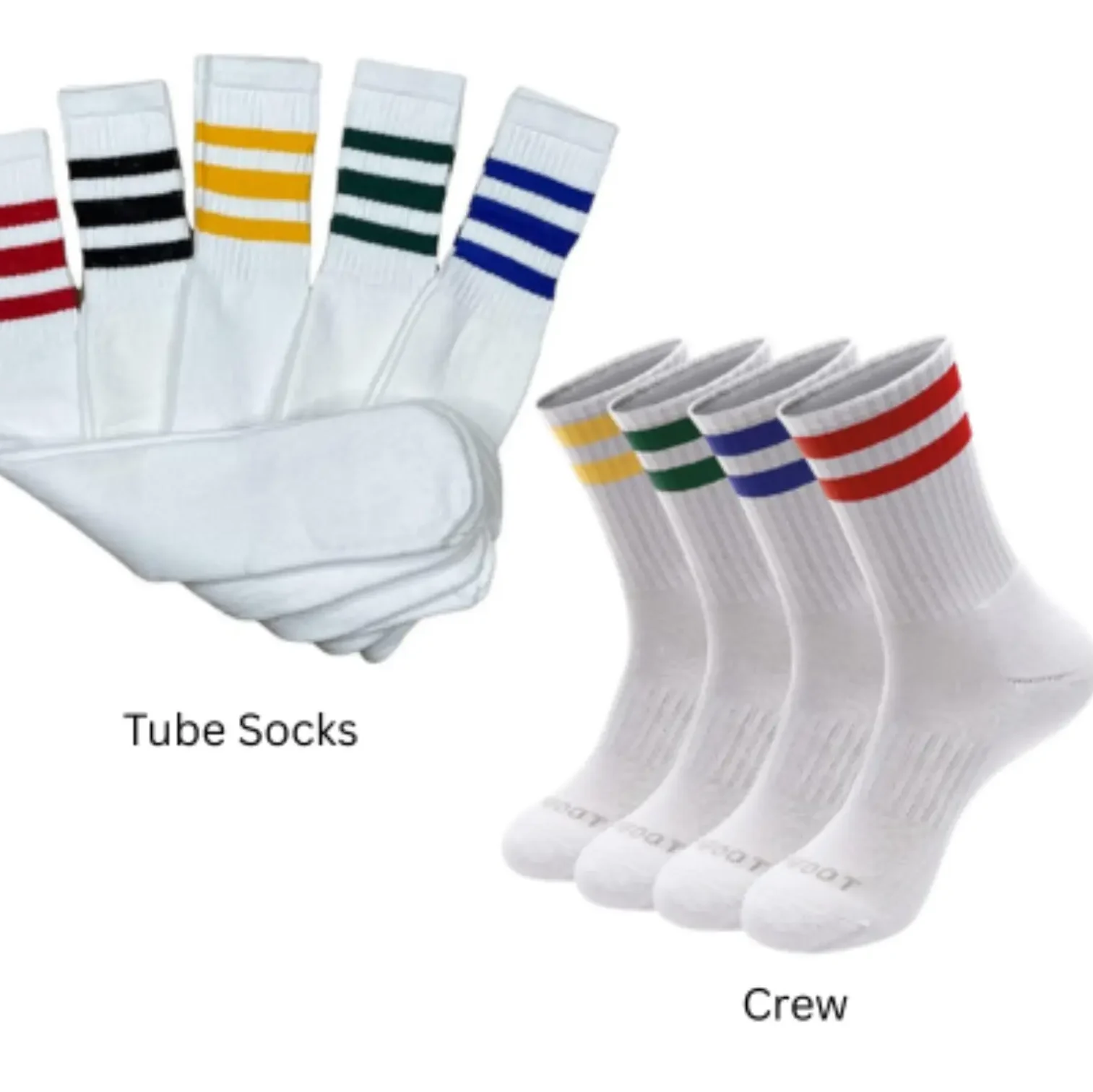 Tube socks vs crew socks vs knee high socks comparison showing construction, fit, and length differences