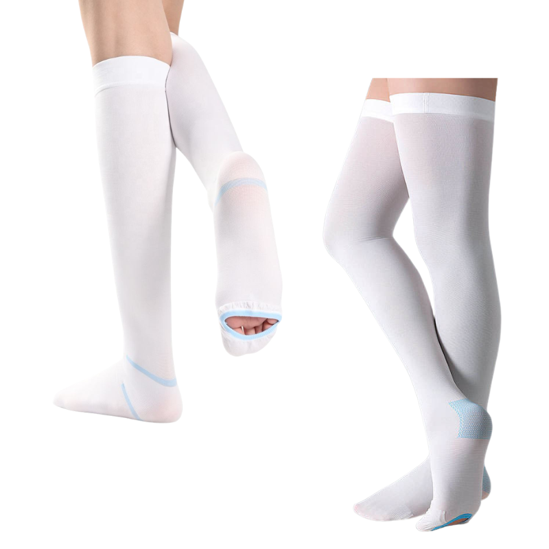 White anti embolism TED hose with open toe design for post surgical recovery monitoring