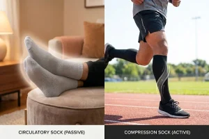 Circulatory sock for passive comfort compared to active compression sock support