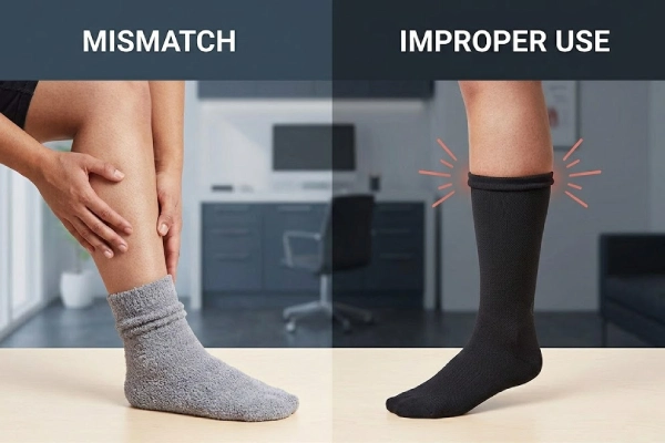 Circulatory sock mismatch contrasted with improper compression sock use like a rolled cuff