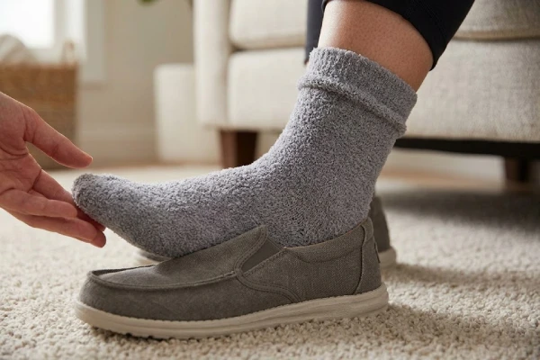 Circulatory sock worn on foot showing non binding top and seamless toe design