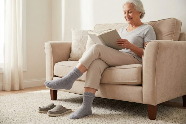 Circulatory socks provided relaxed daily comfort for an elderly woman in a living room
