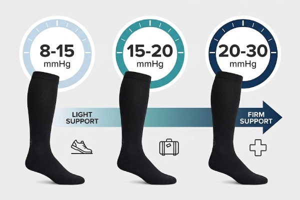Compression sock pressure levels chart visualizing support measurement from light to firm