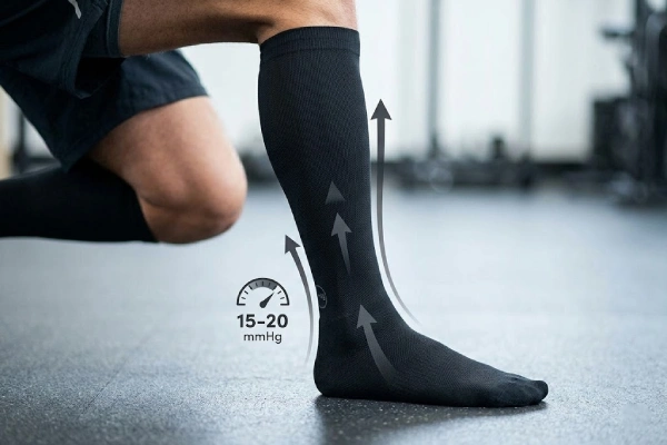Compression sock with graduated 15 20 mmHg compression level icon shown on leg
