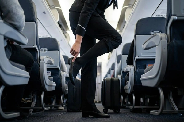 Compression socks give active support to a flight attendant working in an airplane cabin