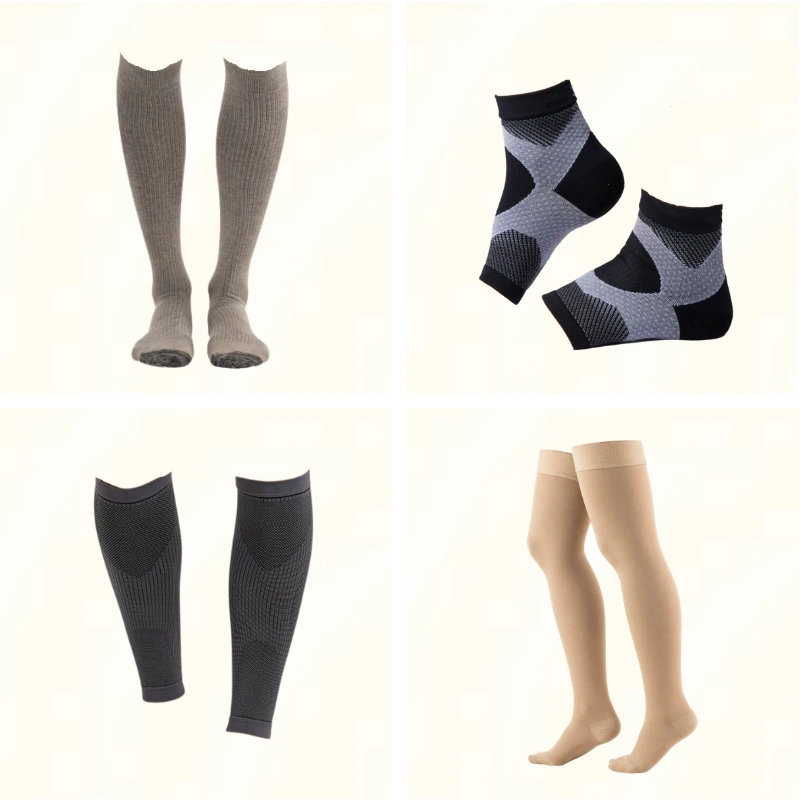 Compression socks collection in ankle, calf, knee-high, and thigh-high lengths