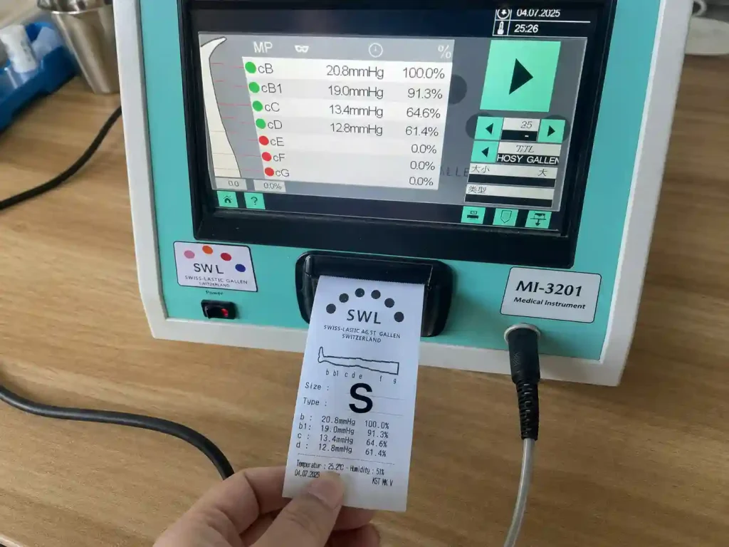 Medical compression level test results displayed on MI 3201 device screen with printed report