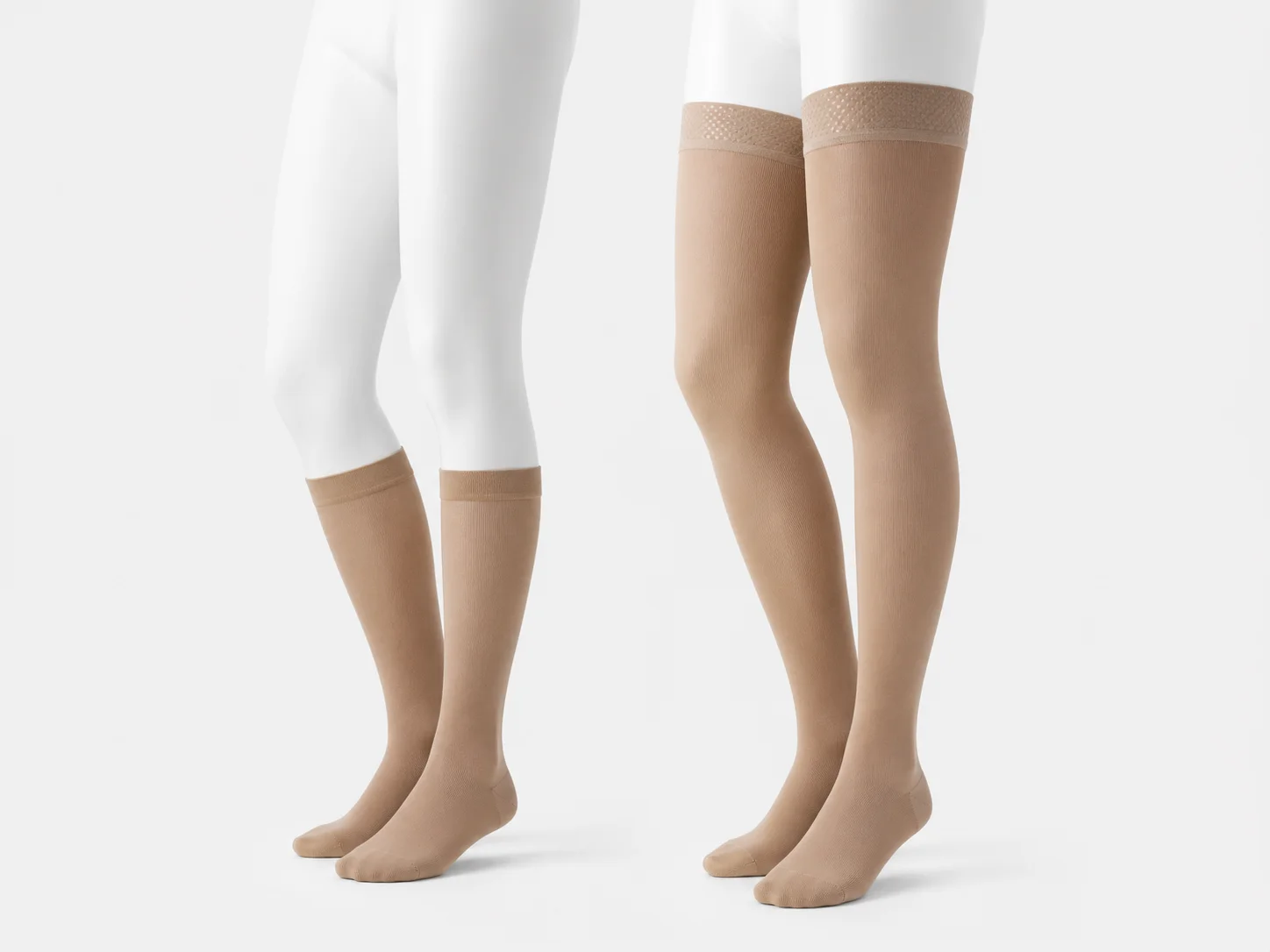 Thigh high medical compression stockings compared with knee high socks