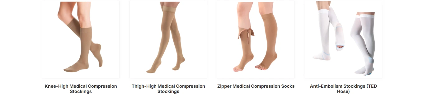 Other medical compression stocking styles including knee high, thigh high, zipper, and anti embolism options