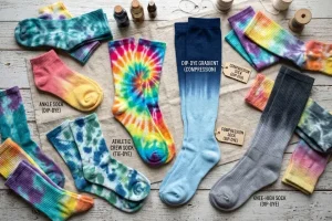 Tie dye athletic socks and dip dye compression socks in various vibrant gradient colors and styles