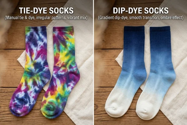 Tie dye socks and dip dye socks comparison featuring vibrant patterns and blue ombre gradient styles