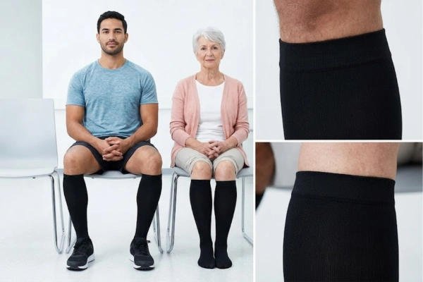 Black compression socks and medical stockings worn by an athlete and a senior patient
