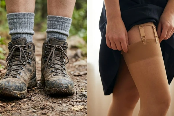 Thick hiking socks on a trail alongside formal sheer stockings with a garter