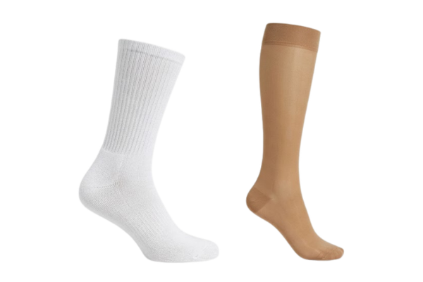 White cotton crew sock compared to a sheer tan nylon stocking