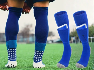 Custom soccer grip socks paired with calf compression sleeve and shin pad sleeve — complete lower-leg kit for private-label soccer brands