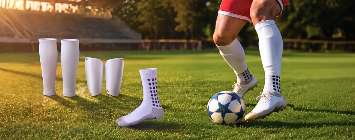 Soccer player controlling a ball beside a 3-piece white match-day kit set — grip sock, footless sock sleeve and shin-pad sleeve