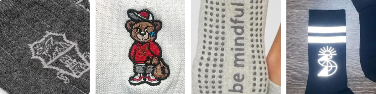 Branding techniques on pilates grip socks: jacquard-knit pattern, embroidered patch, silicone-printed logo and reflective logo