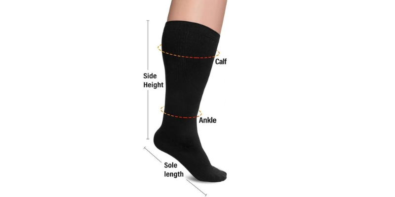 Compression socks size measurement guide showing calf, ankle, foot length, and sock height