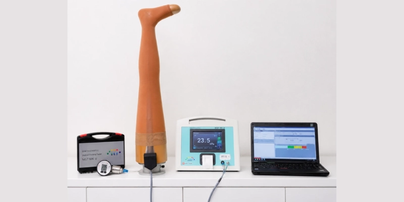 Swisslastic MST MK V pressure test equipment measuring stocking pressure on a leg form