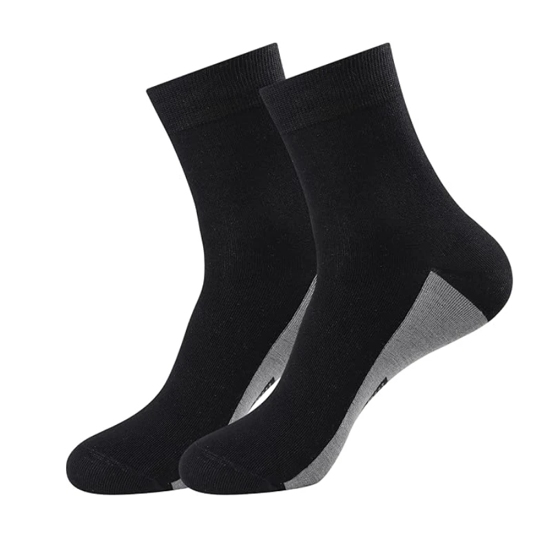 Pair of black conductive yarn ESD work socks with grey heels on white background